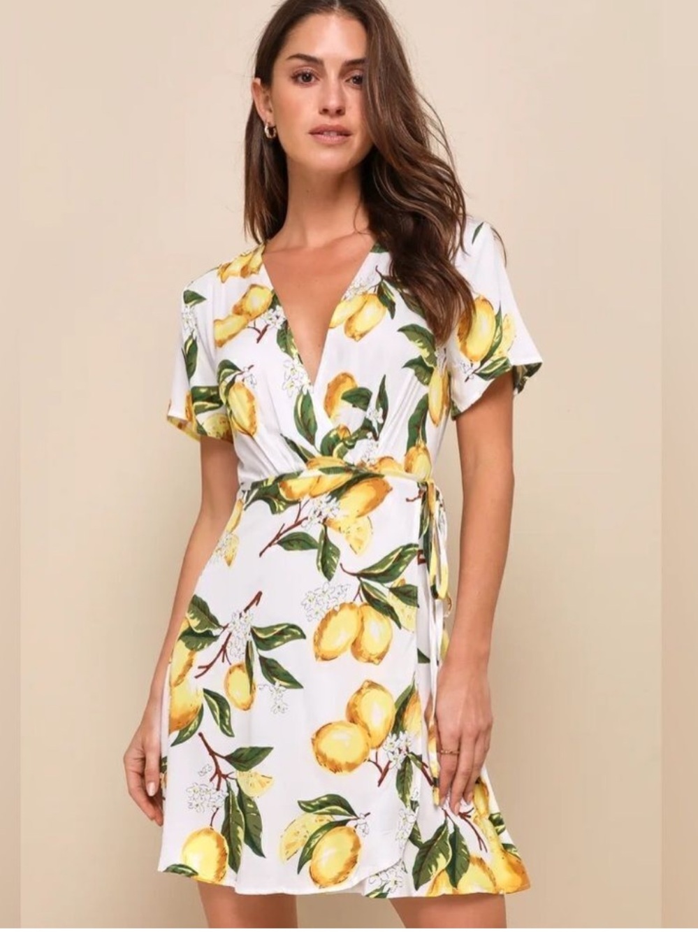 Lulu's White Lemon Print Wrap Mini Dress